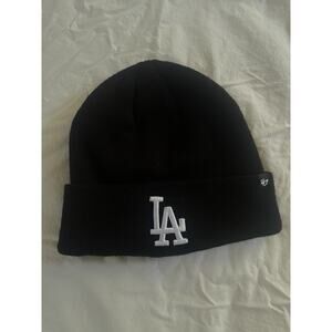 47 Los Angeles Dodgers Raised Cuff Knit Stretch Fit Black White Logo Beanie